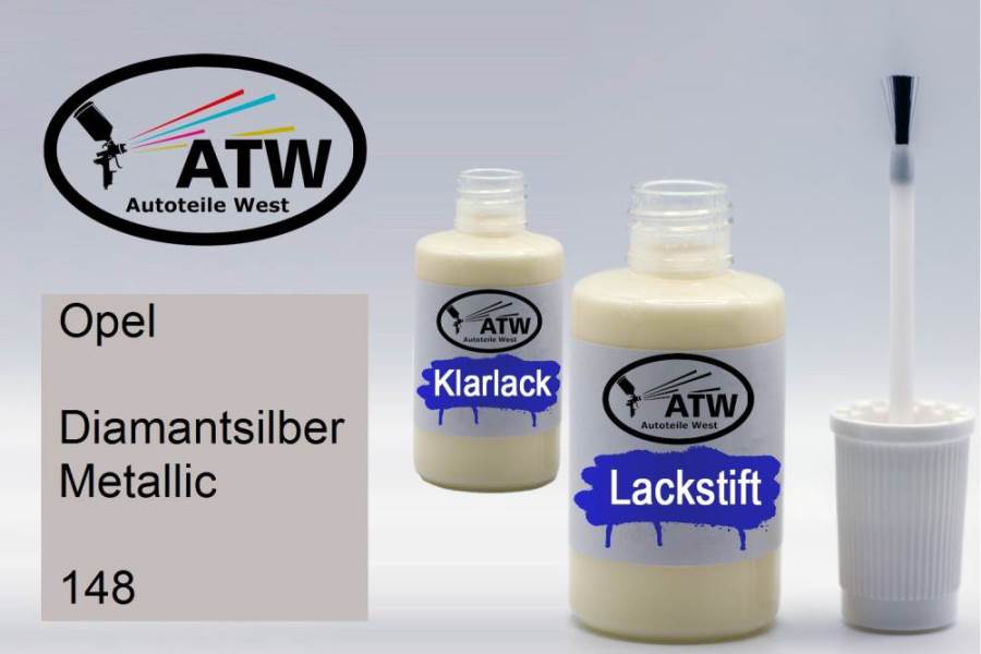 Opel, Diamantsilber Metallic, 148: 20ml Lackstift + 20ml Klarlack - Set, von ATW Autoteile West.